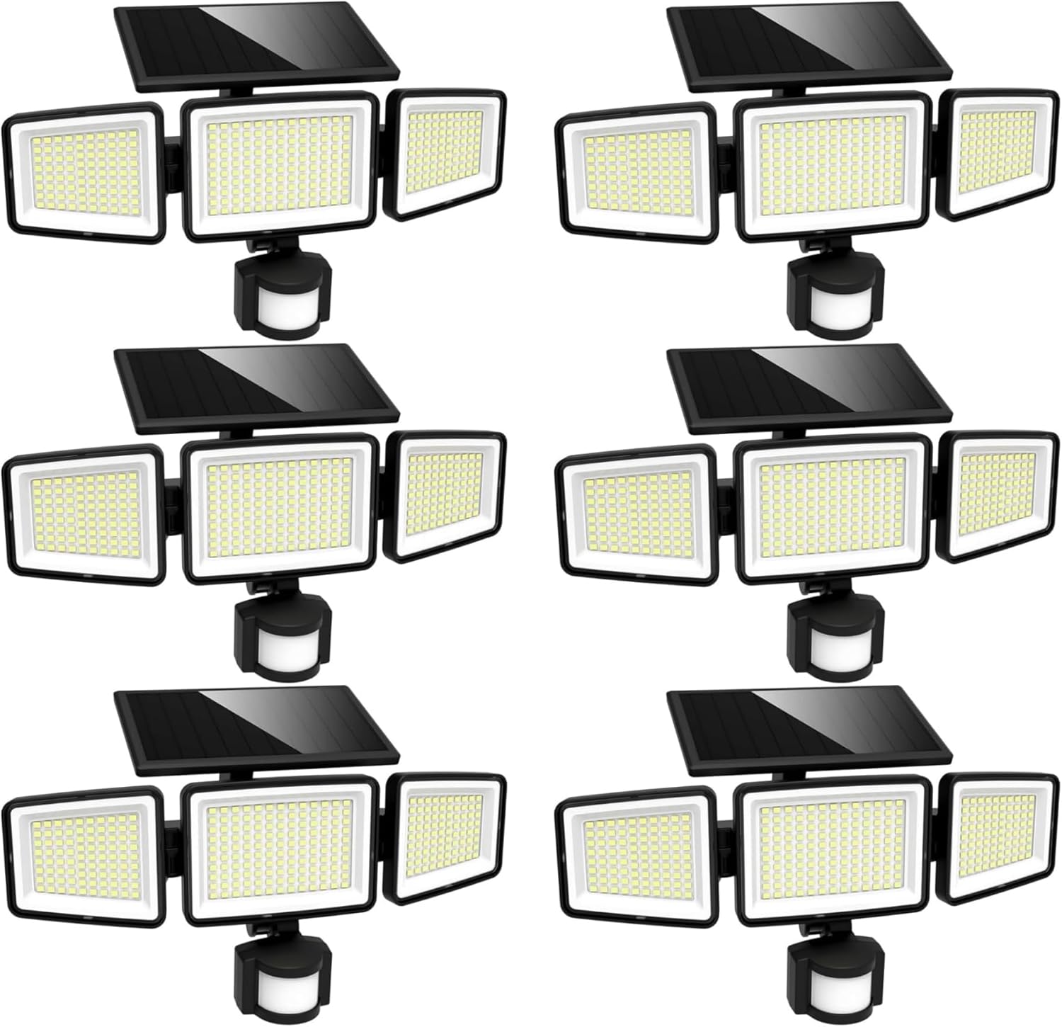 UME Solar Outdoor Lights 302 LED 3000LM, IP65 Waterproof Motion Sensor Outdoor Lights, 3 Heads Solar Security Flood Lights 270 Wide Lighting Angle with 3 Modes for Garden Patio Yard - 6 Pack