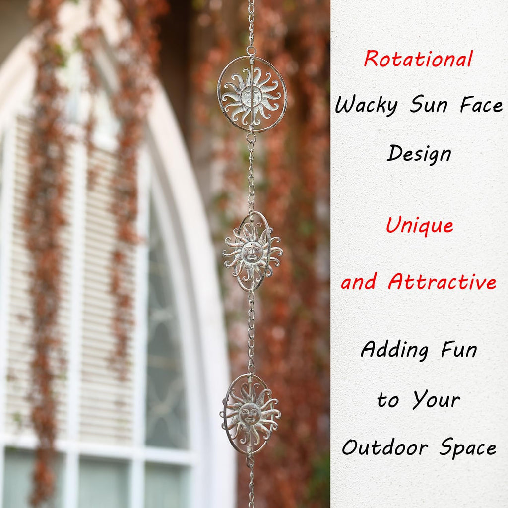 Sun Face Rain Chains, 8.5 Feet Length, Rain Gutter Chains, Functional and Decorative Replacement for Gutter Downspouts, Metal Loop Rain Catcher Chain, Rain Chains for Outside Garden Balcony Porch
