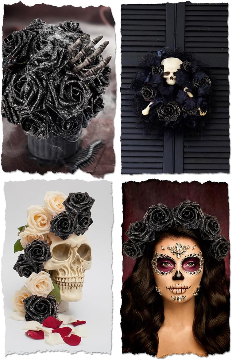 N&T NIETING Artificial Flowers Black Glitter Flowers Foam 25pcs Glitter Roses Real Looking Fake Roses with Stem for DIY Wedding Bouquets Centerpieces Bridal Shower Party Home Decorations