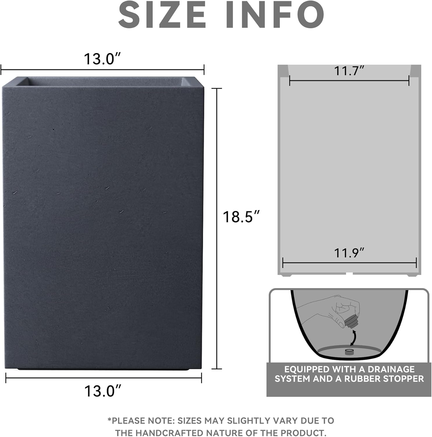 Kante 18.5" H Tall Rectangular Concrete Planters, Outdoor Indoor Lightweight Plant Pots with Drainage Hole and Rubber Plug, Modern Style for Home Garden Patio, Charcoal