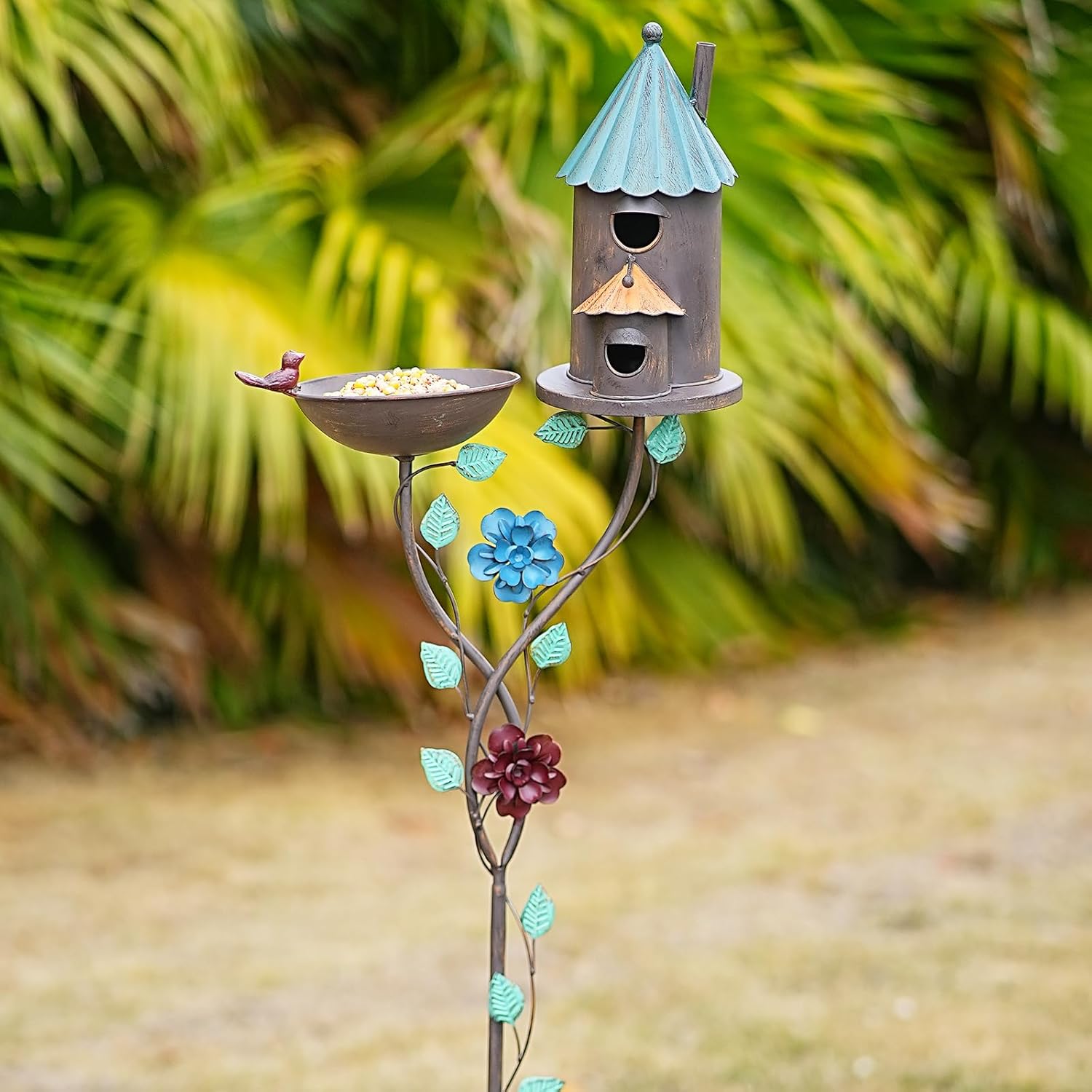 58” H Bird Baths for Outdoors, Metal Bird Bath and Bird House 2-in-1 Design, Birdbath and Bird Houses with Pole for Outside Garden Yard Decor