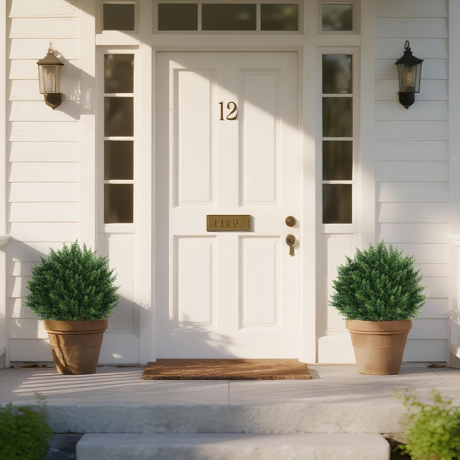 Artificial Set of 2 Cedar Topiary Ball Trees 16" for Outdoors with Ground Spike, UV Resistant Faux Cypress Plants, Evergreen Shrubs Bushes for Front Porch Garden Backyard Decor