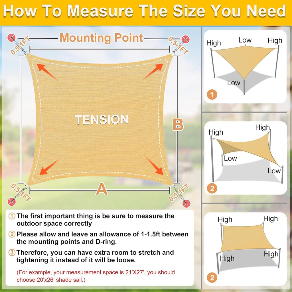 KANAGAWA Sun Shade Sail Curved 20'X26' Sand Rectangle Outdoor Shade Cover UV Blovk Canopy for Patio Garden Backyard Heavy Duty Permeable 185GSM (We Make Custom Size)