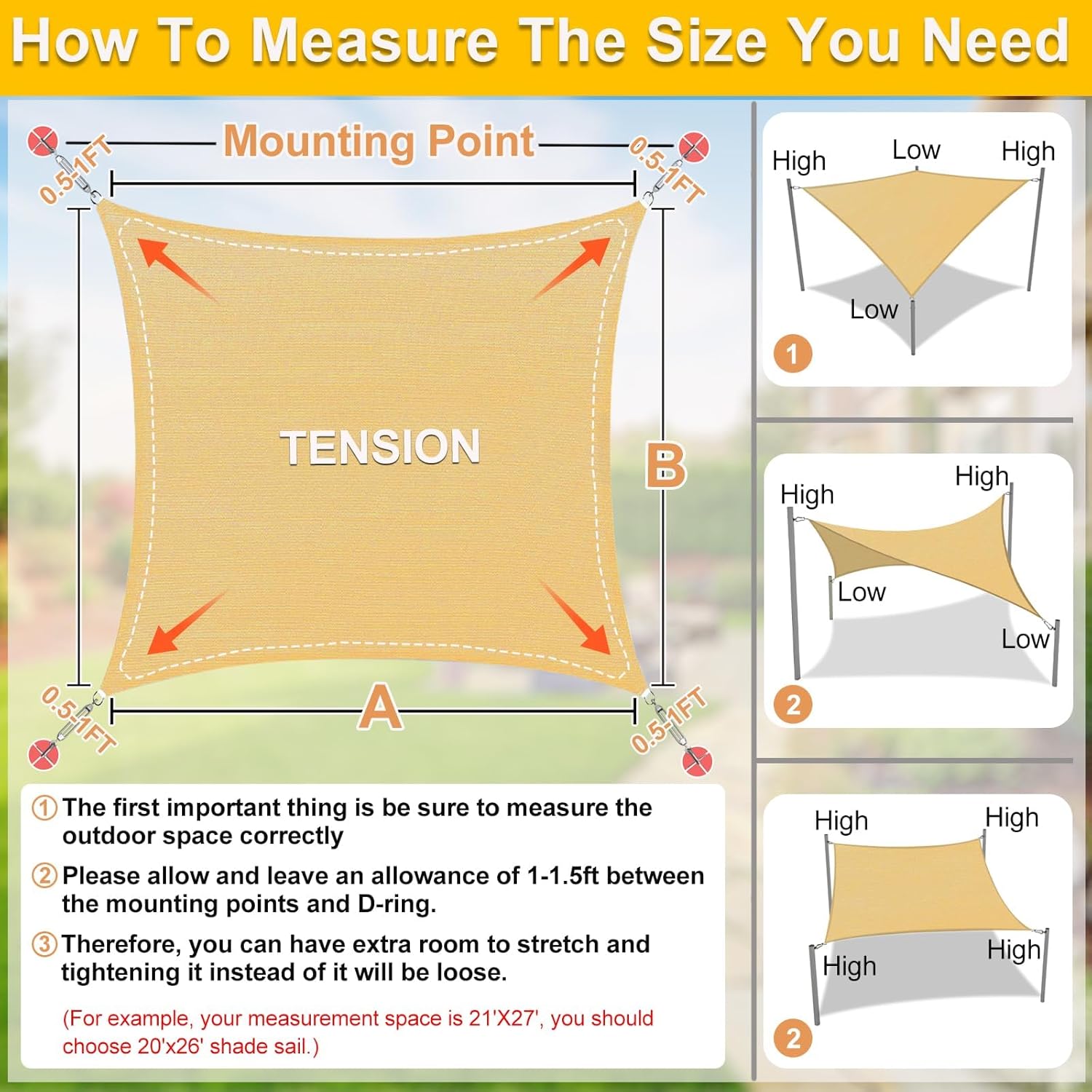 KANAGAWA Sun Shade Sail Curved 20'X26' Sand Rectangle Outdoor Shade Cover UV Blovk Canopy for Patio Garden Backyard Heavy Duty Permeable 185GSM (We Make Custom Size)