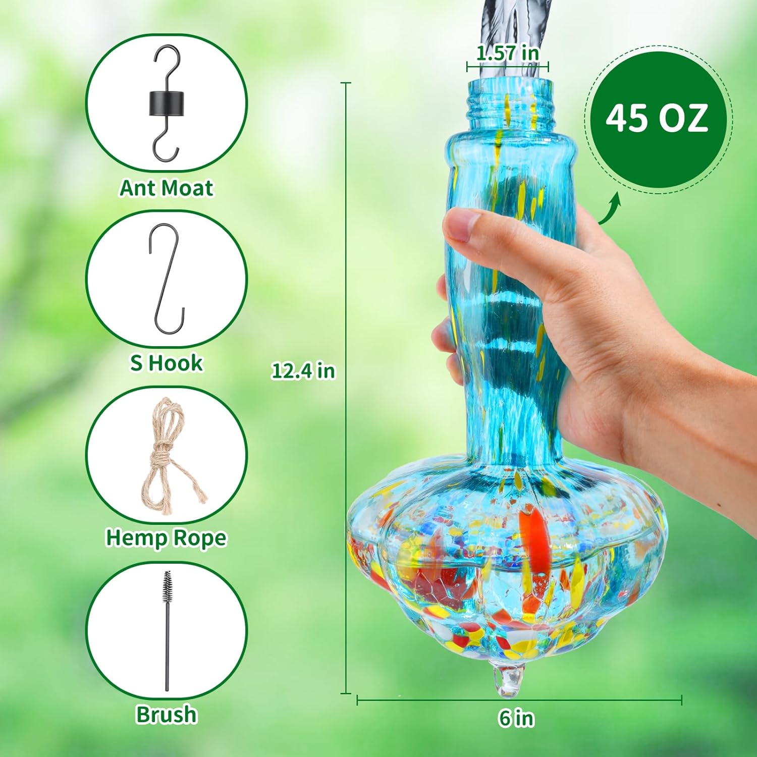 45 Ounce Large Capacity Hummingbird Feeders for Outdoors Hanging Ant and Bee Proof, Unique Hand Blown Glass Hummingbird Nectar Feeder, Gifts for Garden Decor Backyard, Blue Meteor Shower