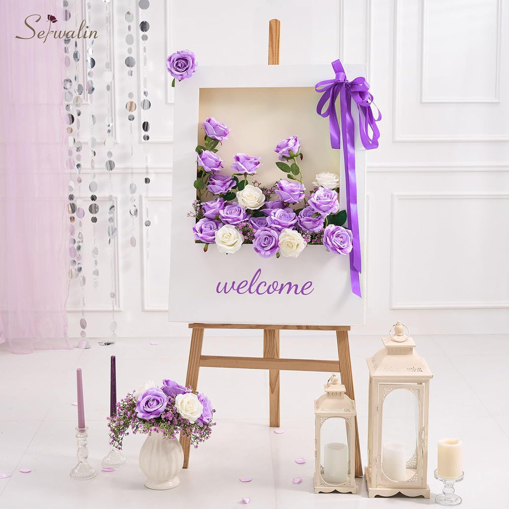 Serwalin 20pcs Artificial Roses, 4'' Big Flower Head, Light Purple Roses Velvet Real Touch, Silk Fake Roses Long Stem Realistic Bouquet for Wedding Table Centerpiece and Home Decor