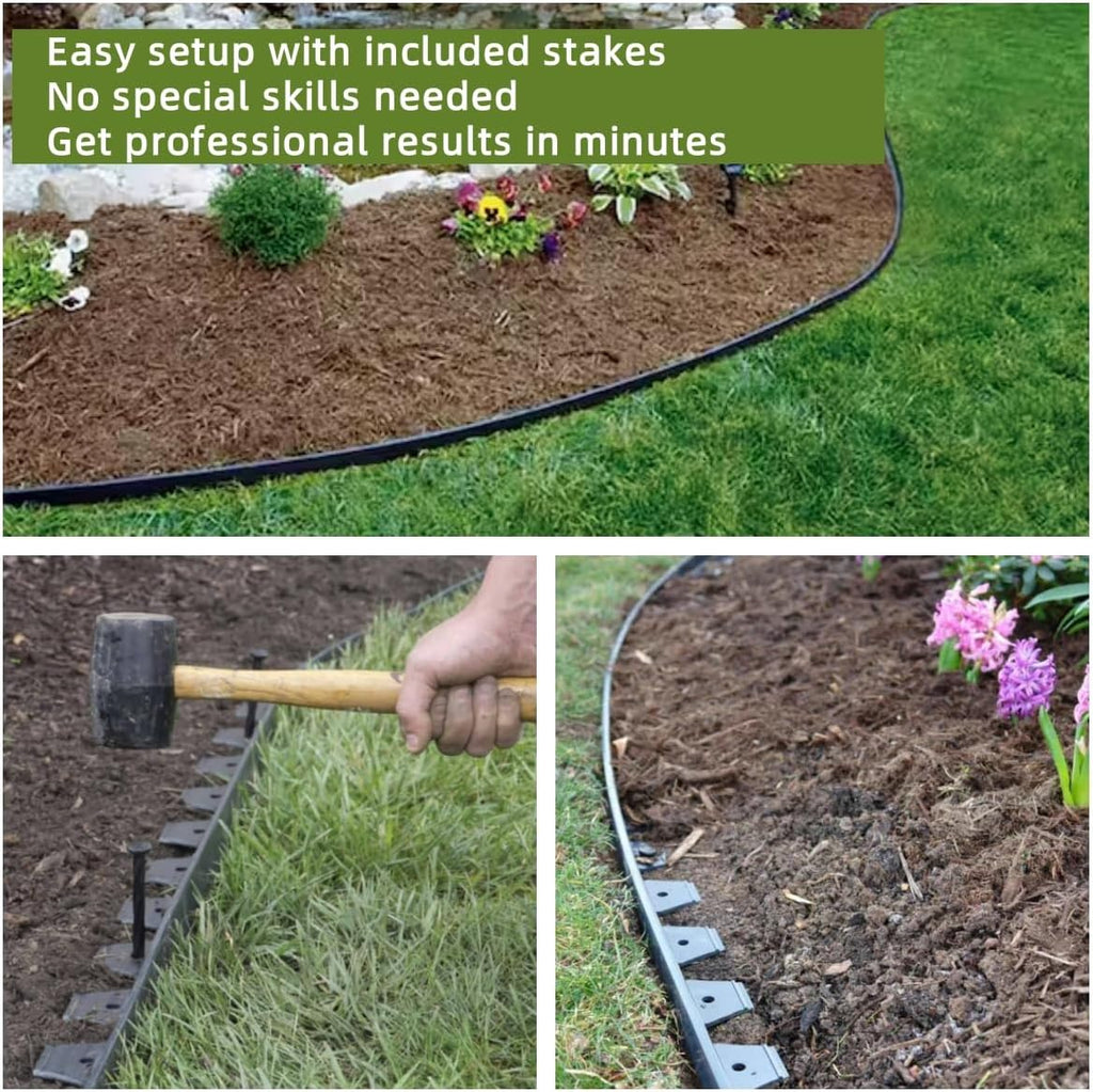 2 Inch Tall No Dig Durable Garden Landscape Edging Kit, Black Plastic Lawn Border with 24pcs Anchoring Spikes for Landscaping, Flower Gardens, Lawn (20FT+ 24pcs Anchoring Spikes)