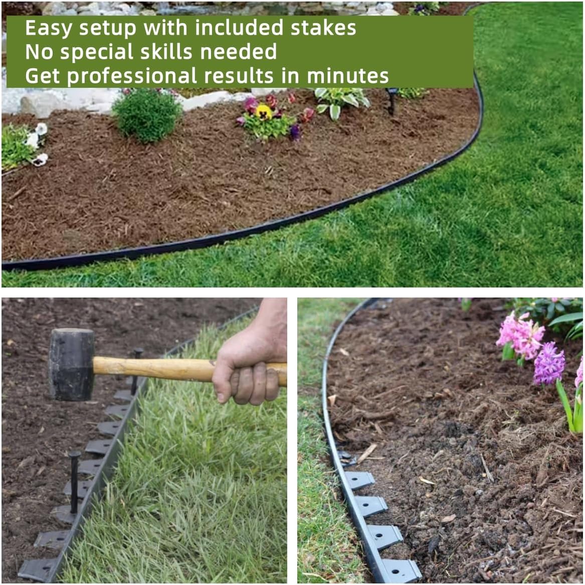 No Dig Durable Garden Landscape Edging Kit, 2" Tall Black Plastic Lawn Border for Landscaping, Flower Gardens, Lawn (100FT+ 120pcs Anchoring Spikes, Black)