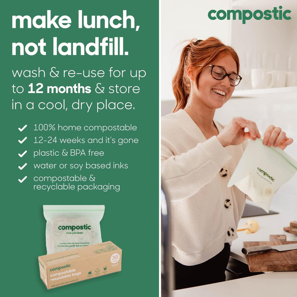 Home Compostable Resealable Snack Bags (6"x 3.5"), Microwave & Freezer Safe, Organic Food Storage Container, 100 Count