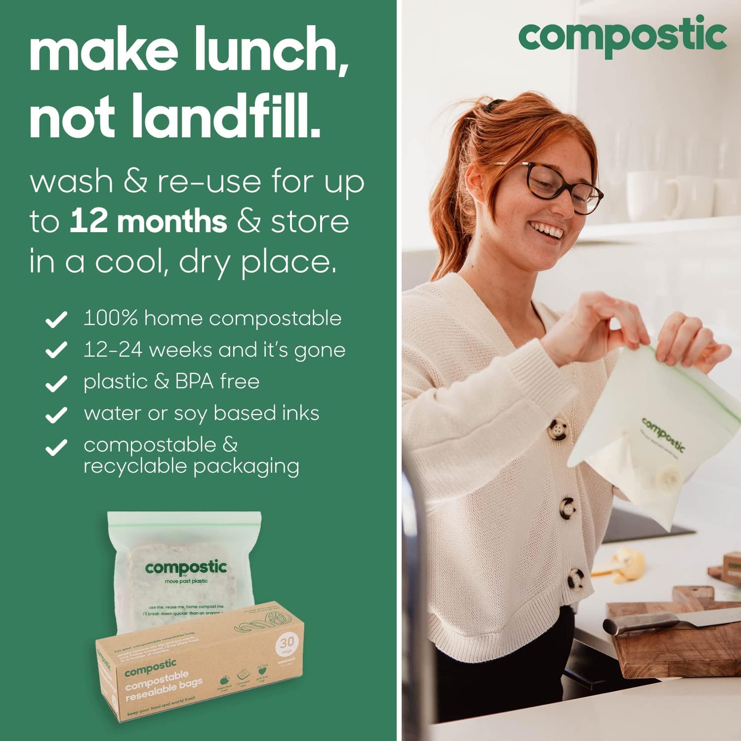 Home Compostable Resealable Snack Bags (6"x 3.5"), Microwave & Freezer Safe, Organic Food Storage Container, 100 Count