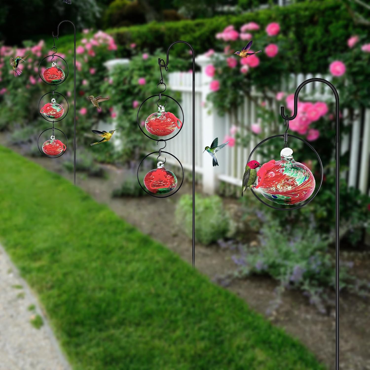 Flexible 6 Pack Hummingbird feeders for Outdoors Hanging Ant and Bee Proof,Detachable Hand Blown Glass Hummingbird Feeder with 6 Adjustable Silicone Perch(Red)