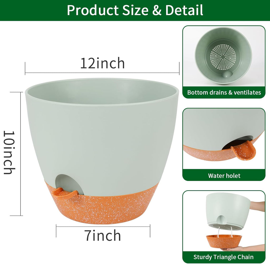 GARDIFE 12 inch planters, Plant Pots,Self Watering Pots, Large Plastic Flower pots with Deep Reservior and High Drainage Holes for Indoor Outdoor Plants and Flowers, Green