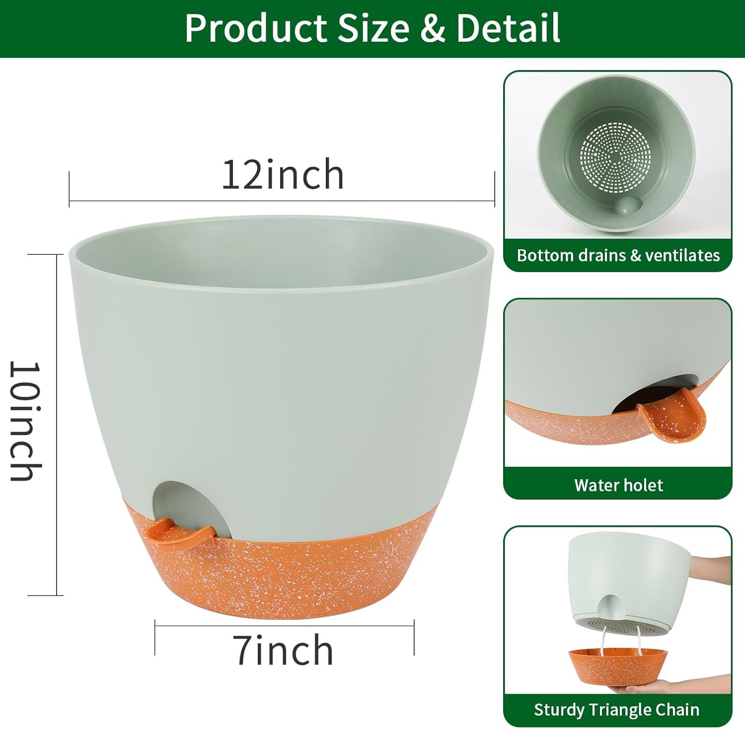 GARDIFE 12 inch planters, Plant Pots,Self Watering Pots, Large Plastic Flower pots with Deep Reservior and High Drainage Holes for Indoor Outdoor Plants and Flowers, Green