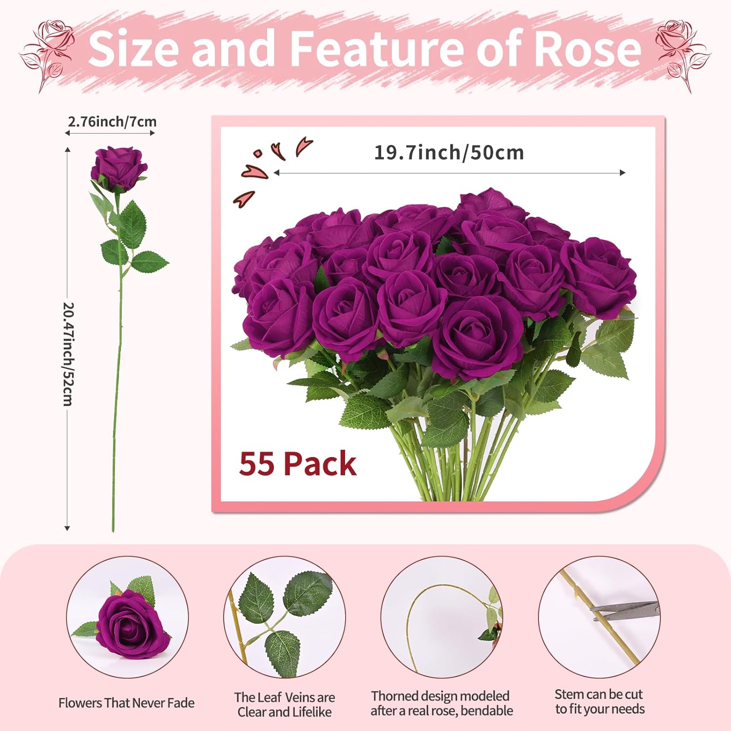 55 PCS Fake Roses Artificial Flowers Bulk, Purp Roses Bridal Bouquet Silk Faux Rose with Stems for Wedding Flowers Decoration, Valentine's Day, Bridal Bouquet, Anniversary,Home Decor (55PCS, Purple)