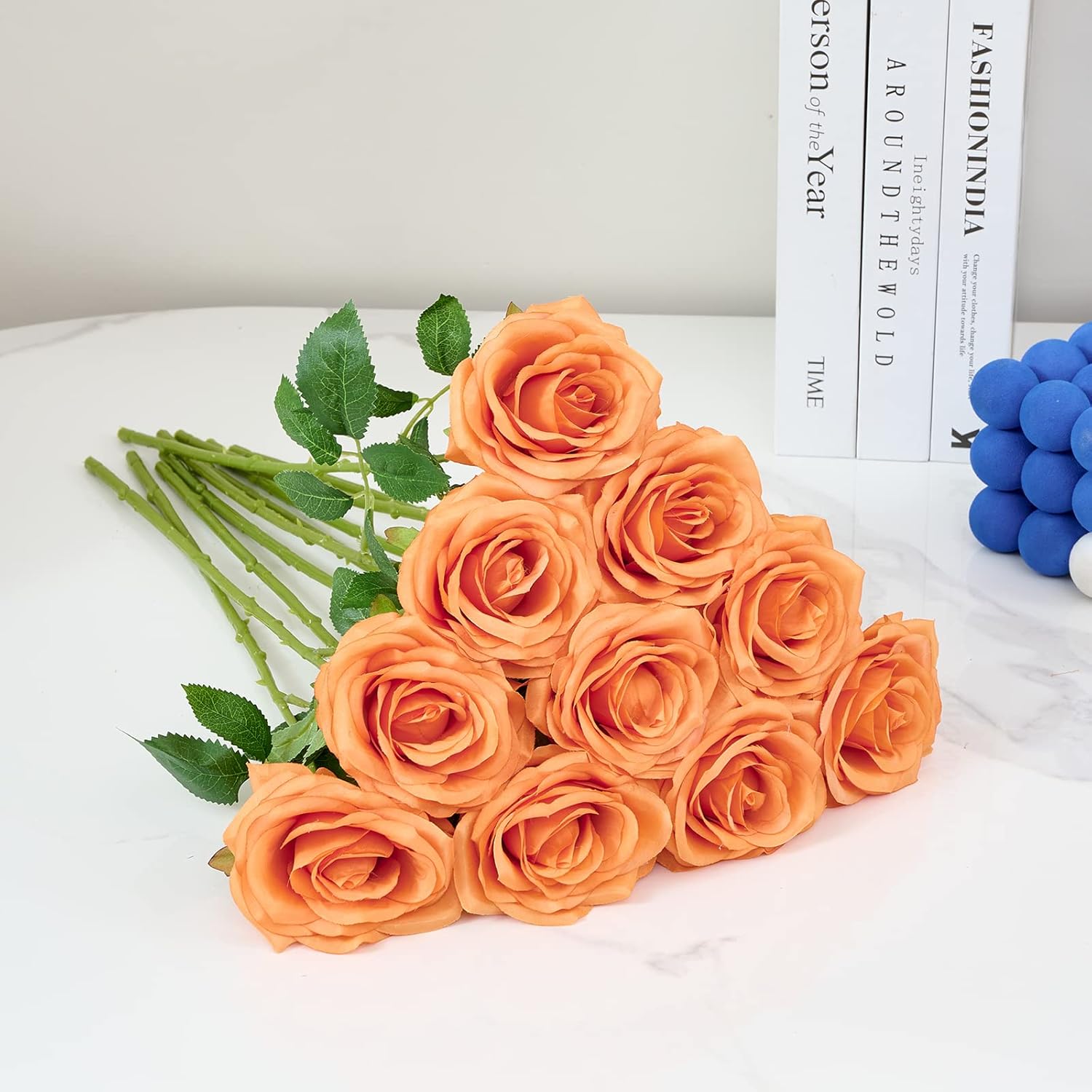 Artificial Rose 10pcs Orange Open Flower Bouquet Faux Rose Stems for Wedding Arrangement, Bridal Bouquet, Centerpiece, Fake Faux Silk Flowers