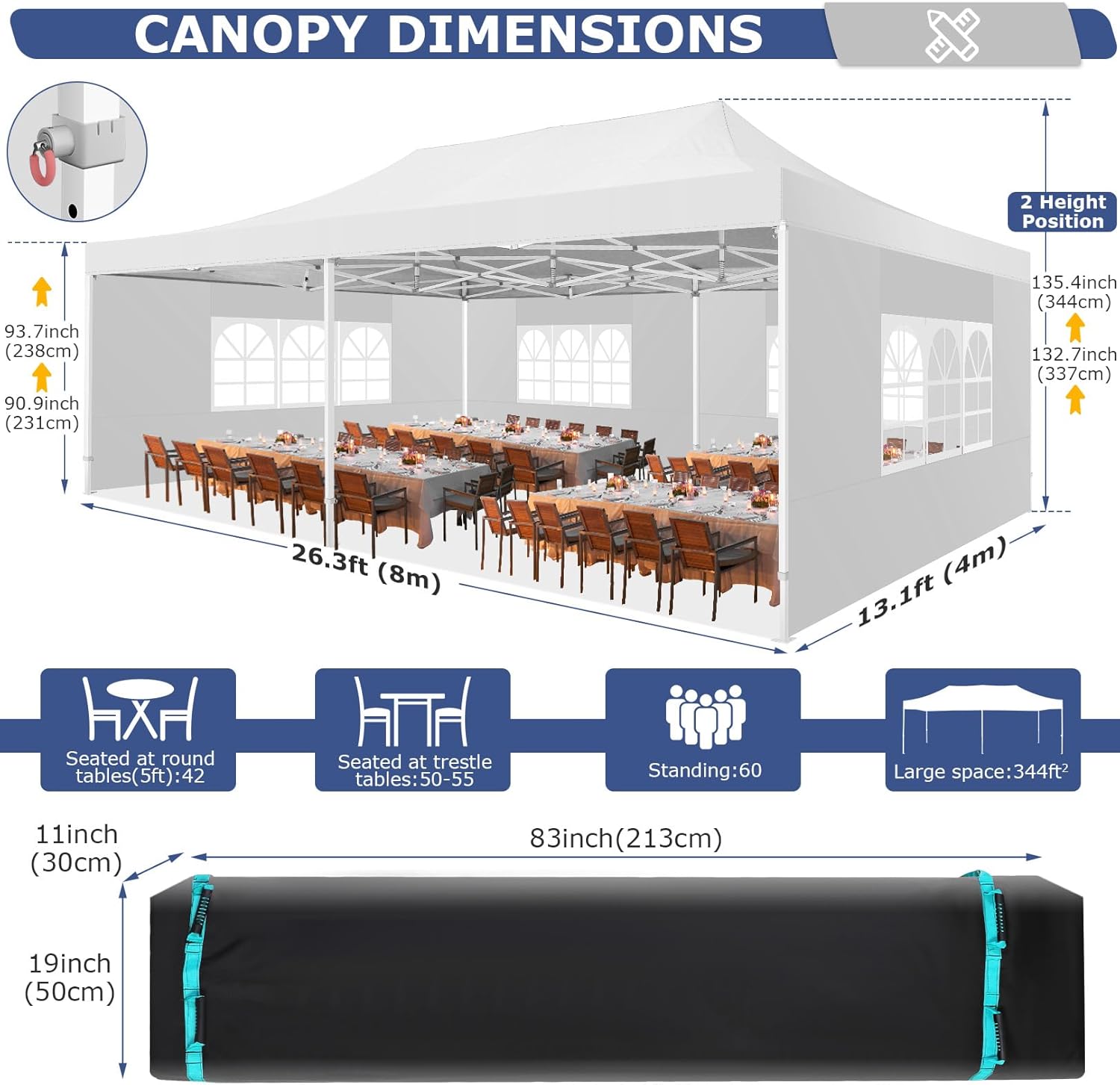 COBIZI 13x26 Pop up Canopy Heavy Duty with 6 Sidewalls, Easy Set-up Commercial Outdoor Party, 100% Waterproof Wedding Canopy Gazebo, 2 Height Adjustable with Wheeled Bag,White