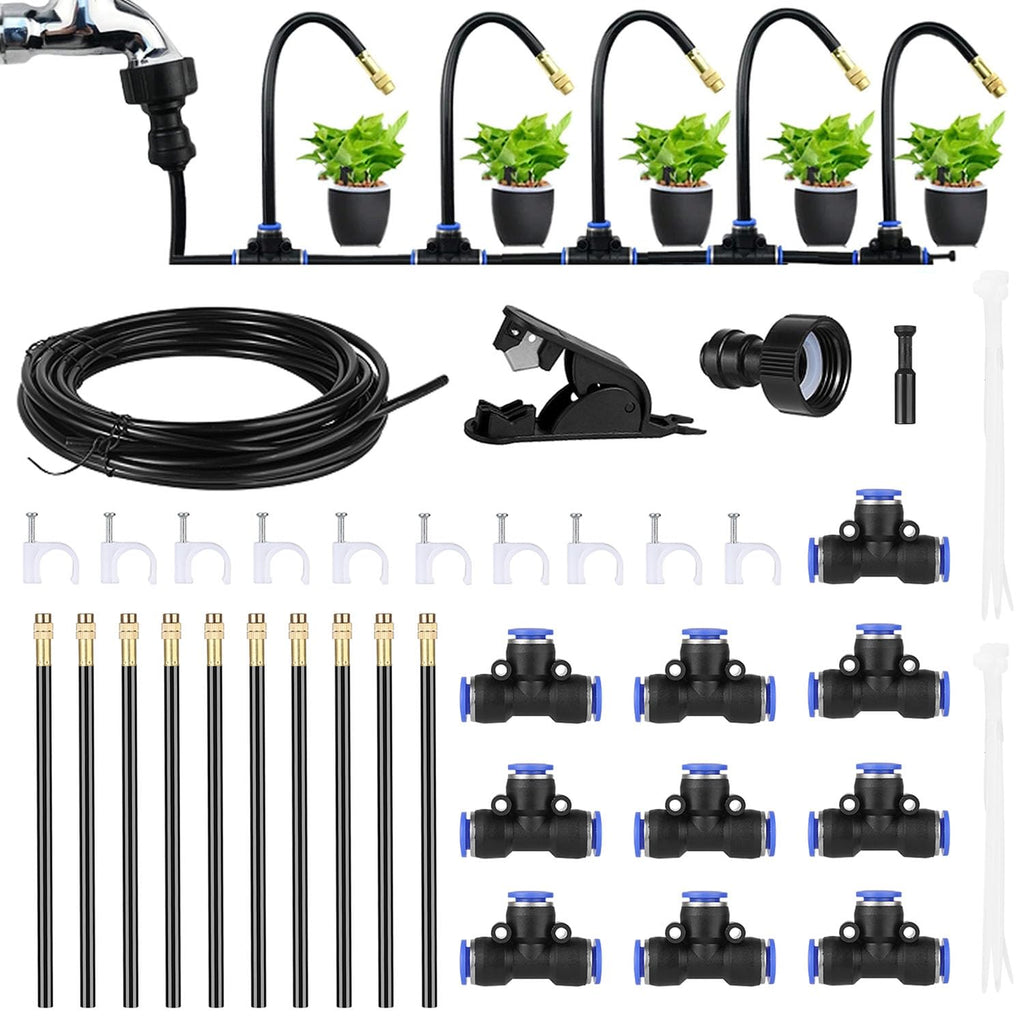 Mist Cooling Automatic Irrigation System-Misting System 33FT Misting Line & 10 Brass Misting Nozzles-Water Hose Mister Kit Sprinkler System for Outside Patio Outdoor Garden Greenhouse Trampoline Pool