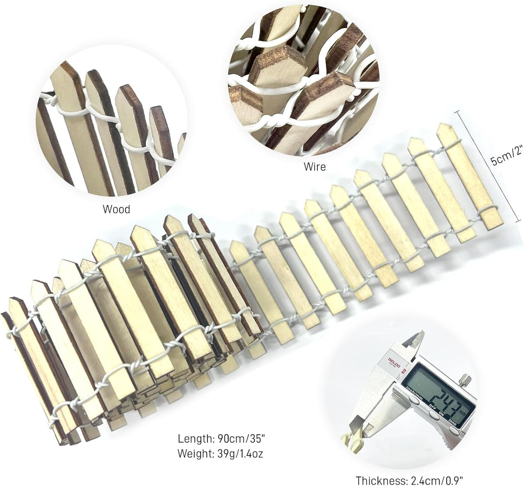 35 Inches Mini Fairy Garden Fence DIY Small Wood Decorative Picket Fence Micro Landscape Miniature Ornaments for Dollhouse, Crafts, Diorama Project, Plant Pot (Nature Wood-Brown Edge)