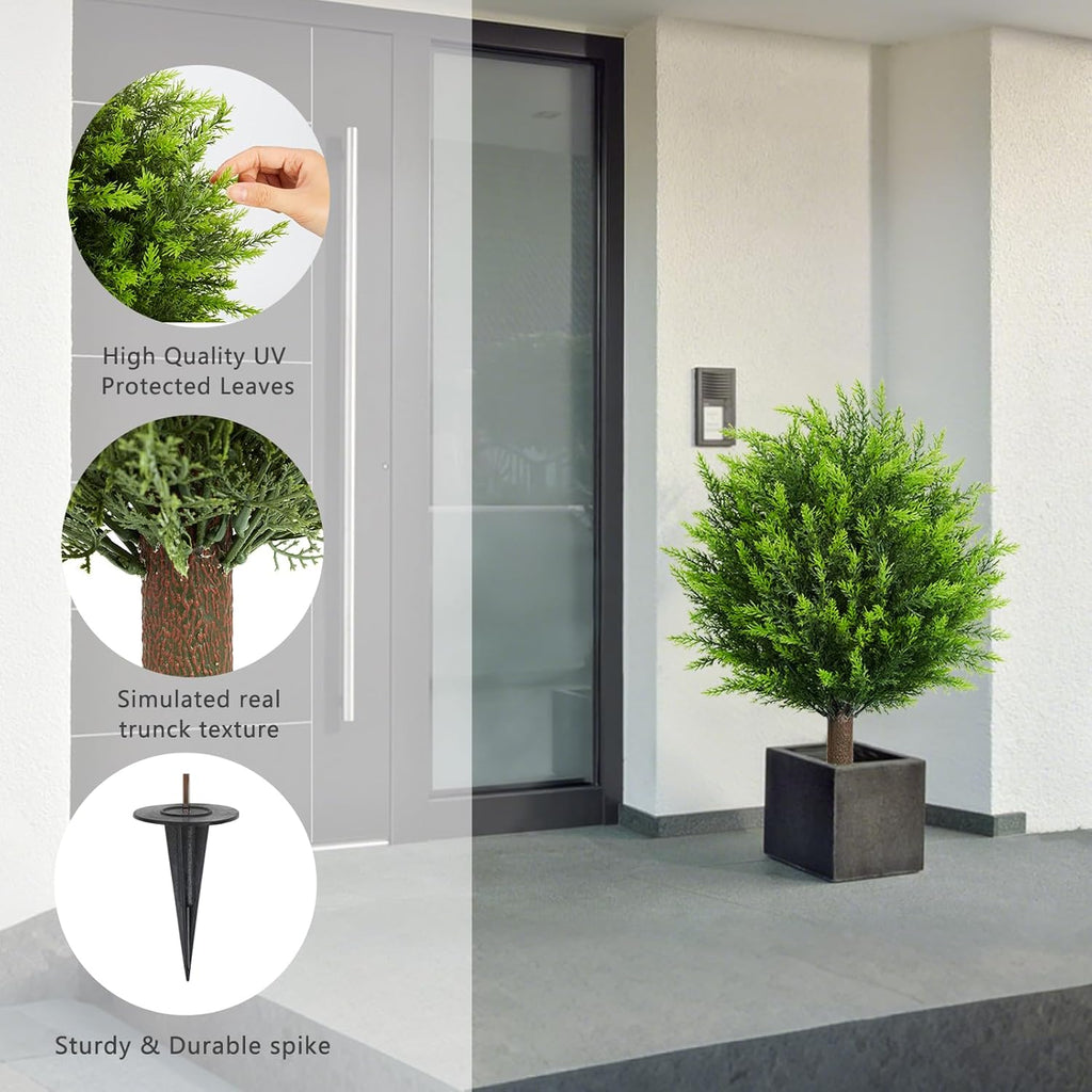 26.5" Artificial Cedar Topiary Ball Trees, Set of 2 UV Resistant Fake Evergreen Trees Shrubs Bushes Artificial Plants with Ground Spike Faux Cypress Plants for Indoor Outdoor Front Porch Garden