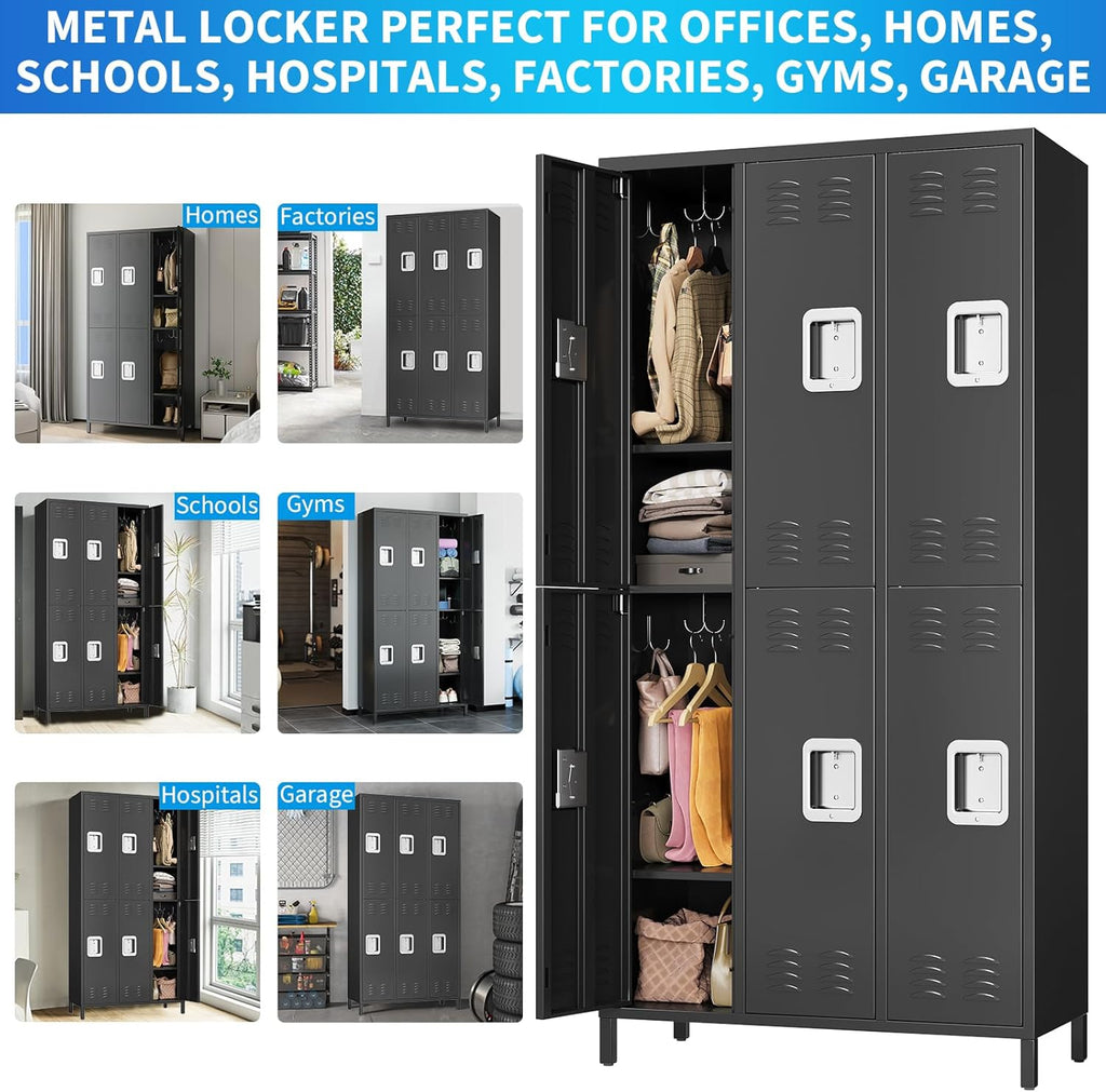 72" Metal Lockers for Employees with 6 Door, Black Metal Storage Cabinet with 18 Hooks, Industrial Locker, Assembly Required, for Gym, School, Classroom, Home, Bedroom, Office, Industrial