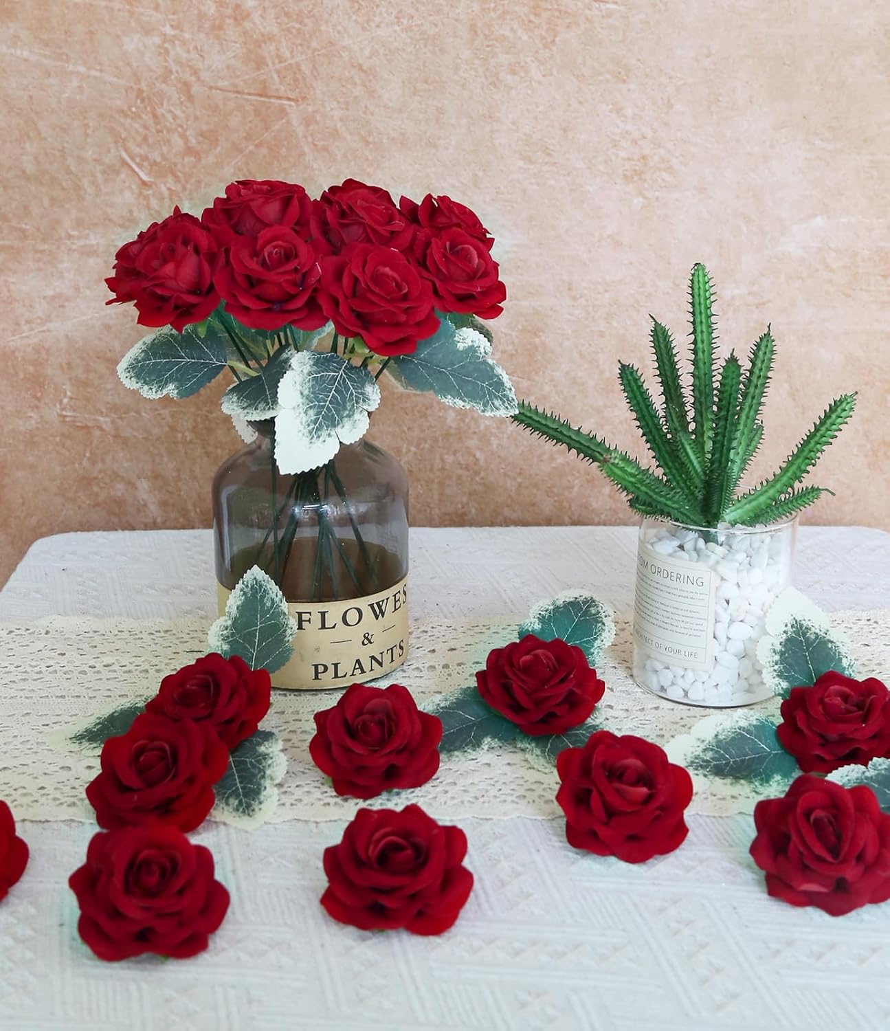 25PCS Artificial Red Rose Flower Heads Velvet Rose Flowers Real Look Rose Flower Heads for DIY Wedding Home Party Baby Shower Decor(Red)