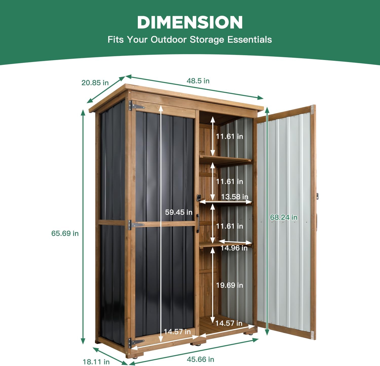 Outdoor Storage Cabinet, Wood & Metal Storage Shed with Weather-Resistant Roof, Double Lockable Doors, Removable Shelves & Adjustable Feet, for Patio, Backyard, Poolside, 46" x 18" x 68"