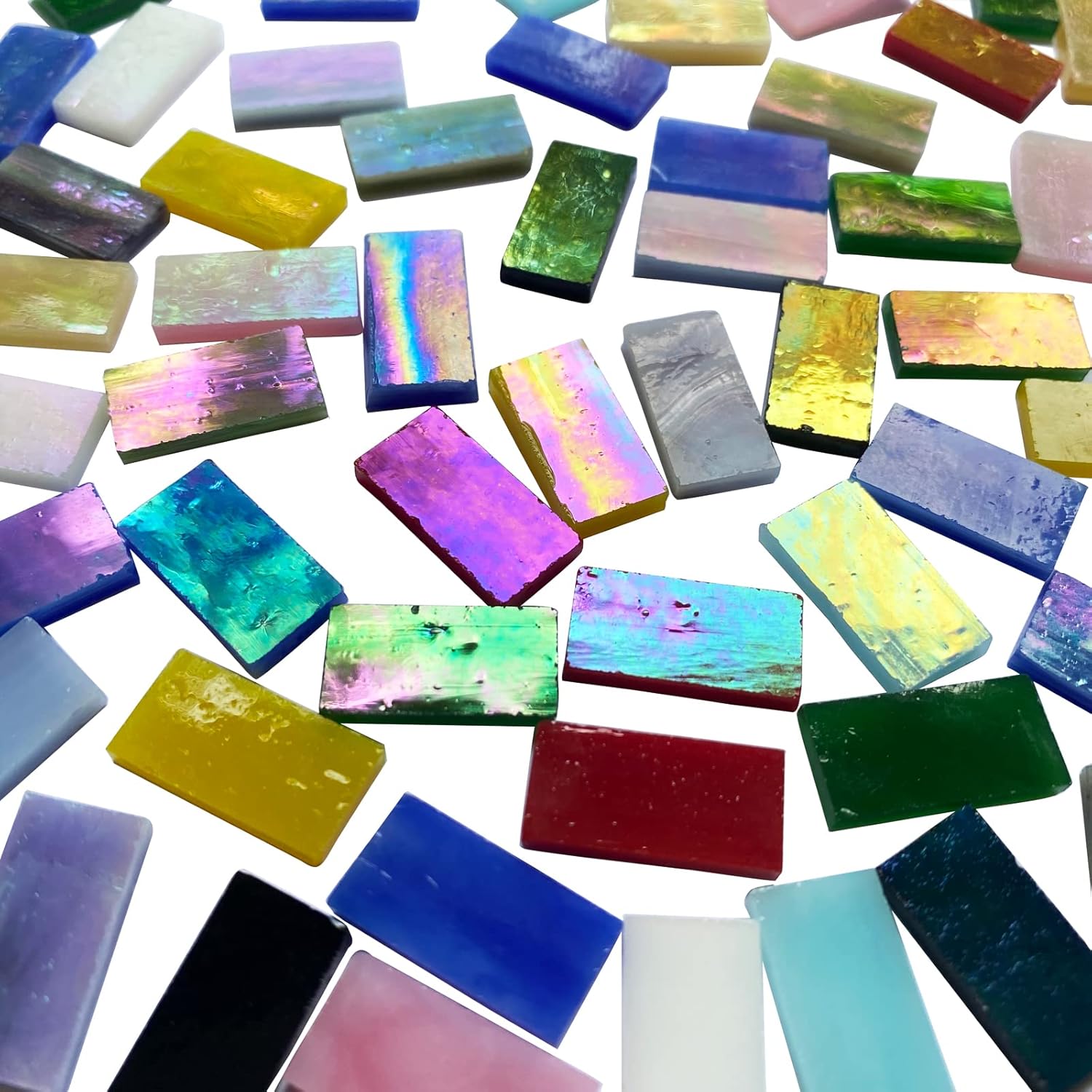 Rectangle Iridescent Glass Mosaic Tiles, 320 Pieces Colorful Stained Glass Supplies for Crafts, Rainbow Mosaic Glass Pieces for Adults
