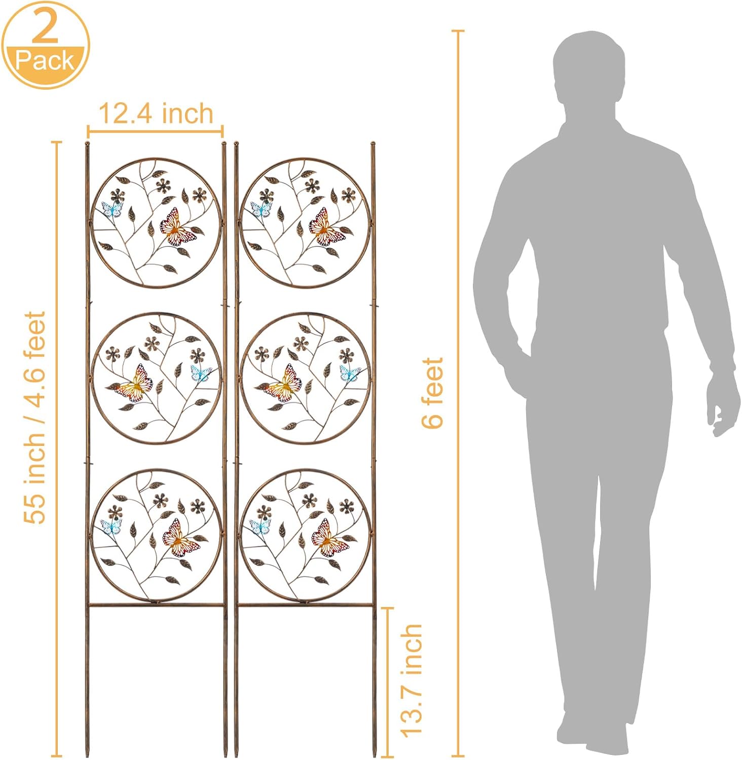 SUNNYPARK Set of 2 Butterfly Metal Garden Trellis for Climbing Plants, Decorative Vegetables Flowers Vine Trellis for Outdoor Patio 55'' H x 12.4'' W
