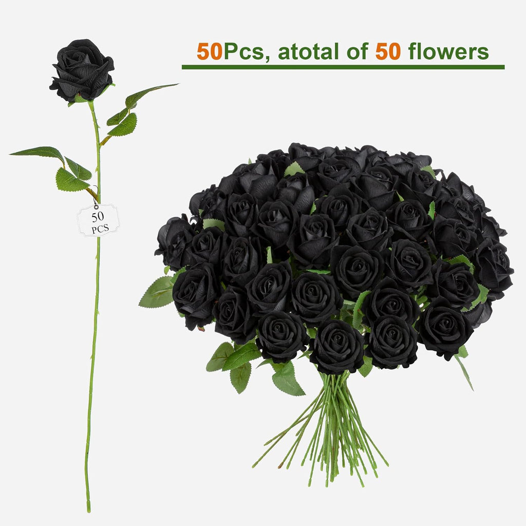 Fake Plants Roses Flowers Plastic Flowers Spring Decorations for Home Gifts for Gf Roses Artificial Flowers for Vase Fake Flowers Home Decor 19.6"(Black 50PCS)