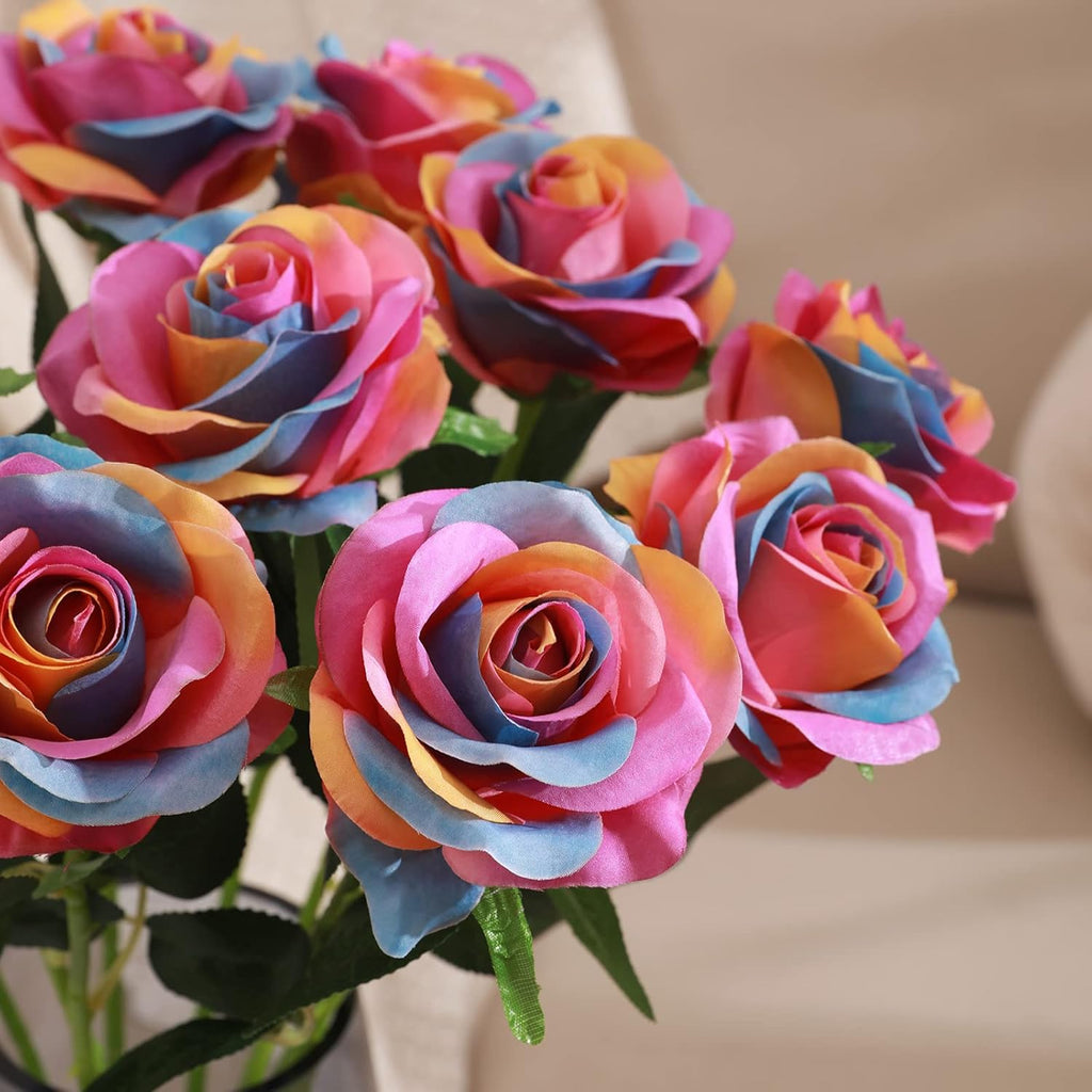 Rainbow Fake Roses Artificial Flowers - 16 Pcs Fake Artificial Roses Silk Flowers with Stems for Home Wedding Hotel Office Centerpiece Decor（Rainbow）