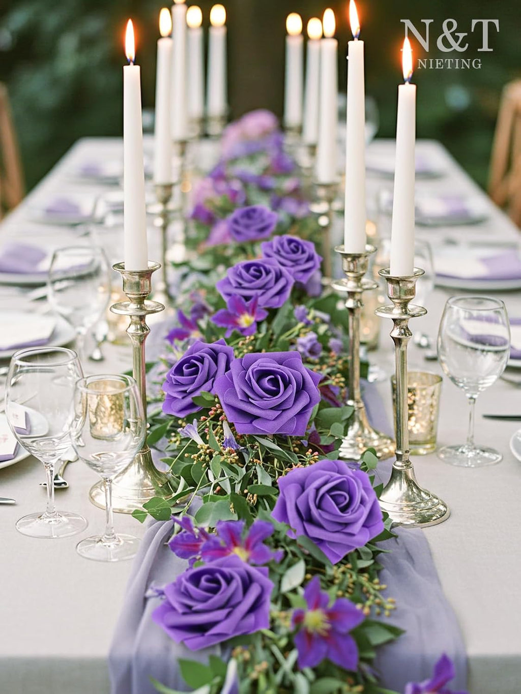 N&T NIETING Artificial Flowers Purple Roses, 25Pcs Fake Flowers Foam Roses with Stems for DIY Wedding Bridesmaid Bridal Bouquets Centerpieces Party Home Decoration Baby Shower