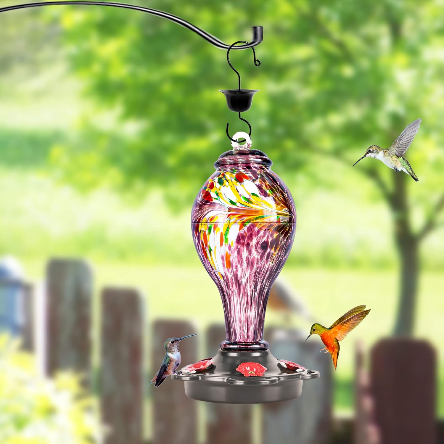 LUJII Hand Blown Glass Hummingbird Feeder for Outdoors Hanging with Ant Guard, 25 fl.oz, Leak Proof & Rustproof, Metal Base with 5 Feeding Ports & 5 Perches, Unique Garden & Backyard Decor (Purple)