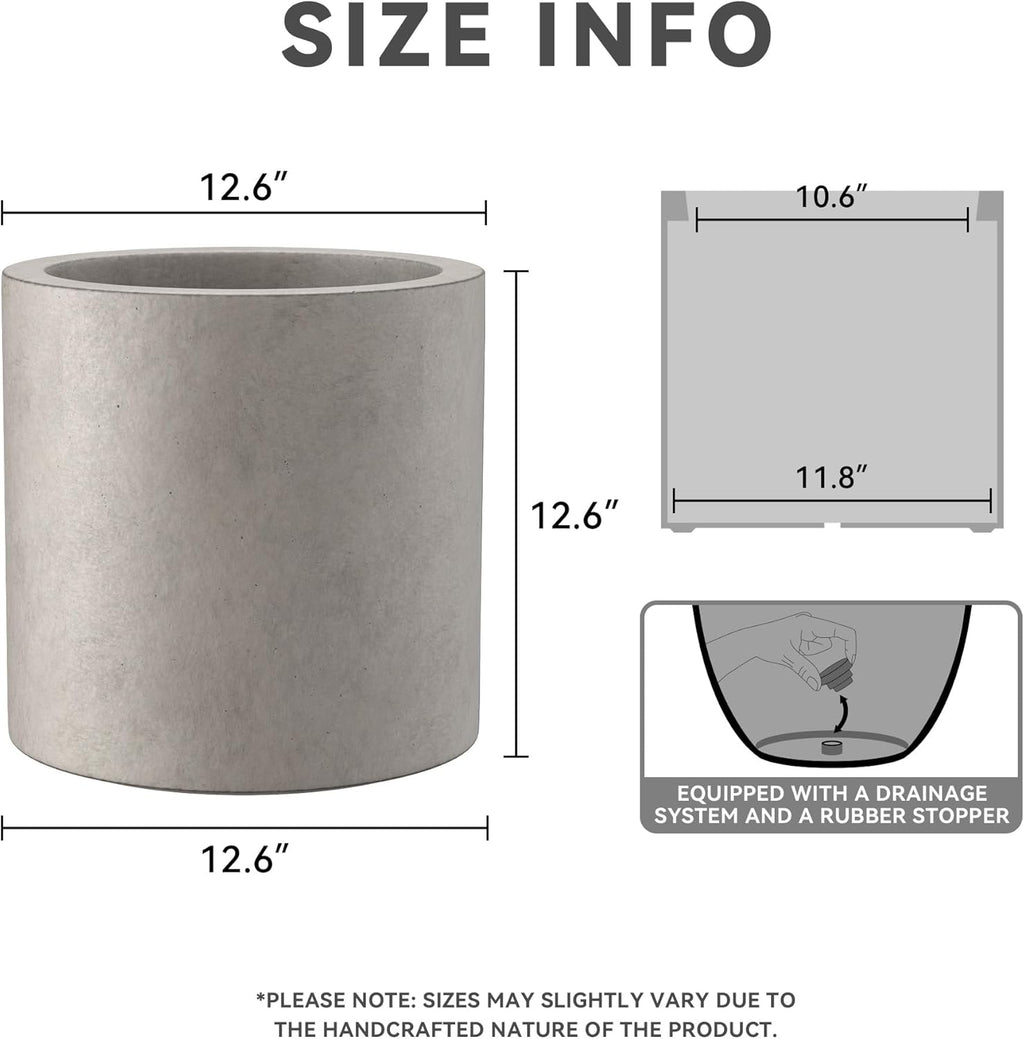 Kante 12.6" Dia Round Concrete Planter, Modern Style Large Cylindrical Plant Pot with Drainage Hole and Rubber Plug for Indoor Outdoor Patio, Weathered Concrete