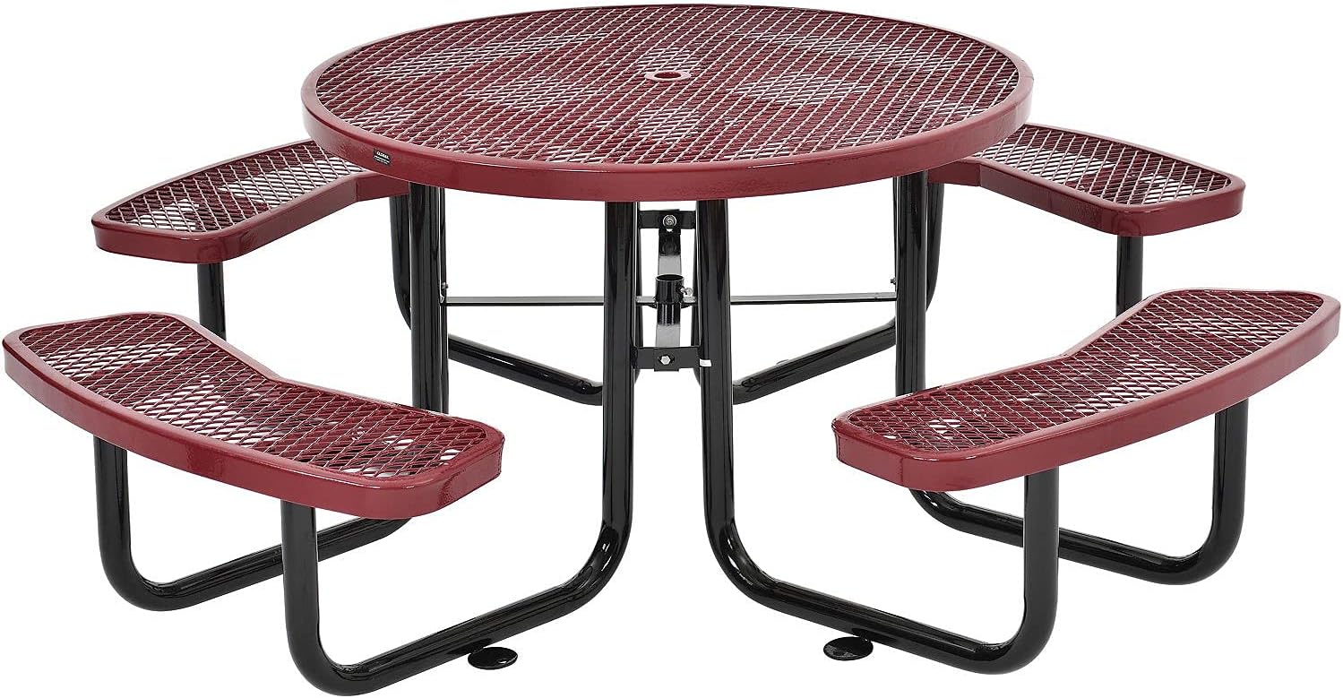 Global Industrial 46" Round Picnic Table, Expanded Metal, Red Thermoplastic Coating, Attached Benches, 1-1/2” Umbrella Pole Hole, Outdoor-Rated, 1000 lb Capacity