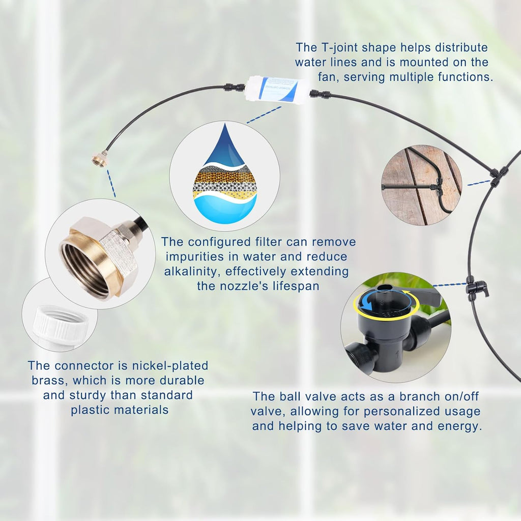 Misters for Outside Patio, 88ft Misting Line + Filter + 37 Brass Misting Nozzles +Brass Adapter(3/4") Misting System for Garden, Greenhouse, Trampoline and Chicken Coop