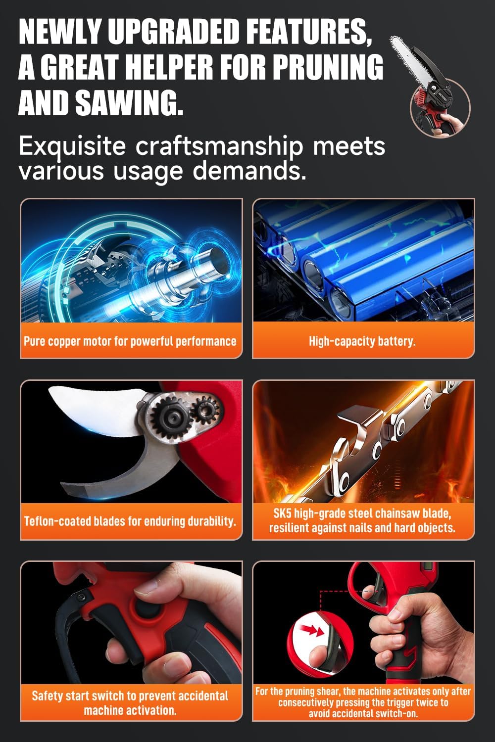 Electric Pruner Kit, 3 in 1, Max 8 ft, 2 Pcs Batteries, 6 inches cordless chainsaw & electric pruning shears with Max 8 ft Extension Pole, SK5 Blades RED