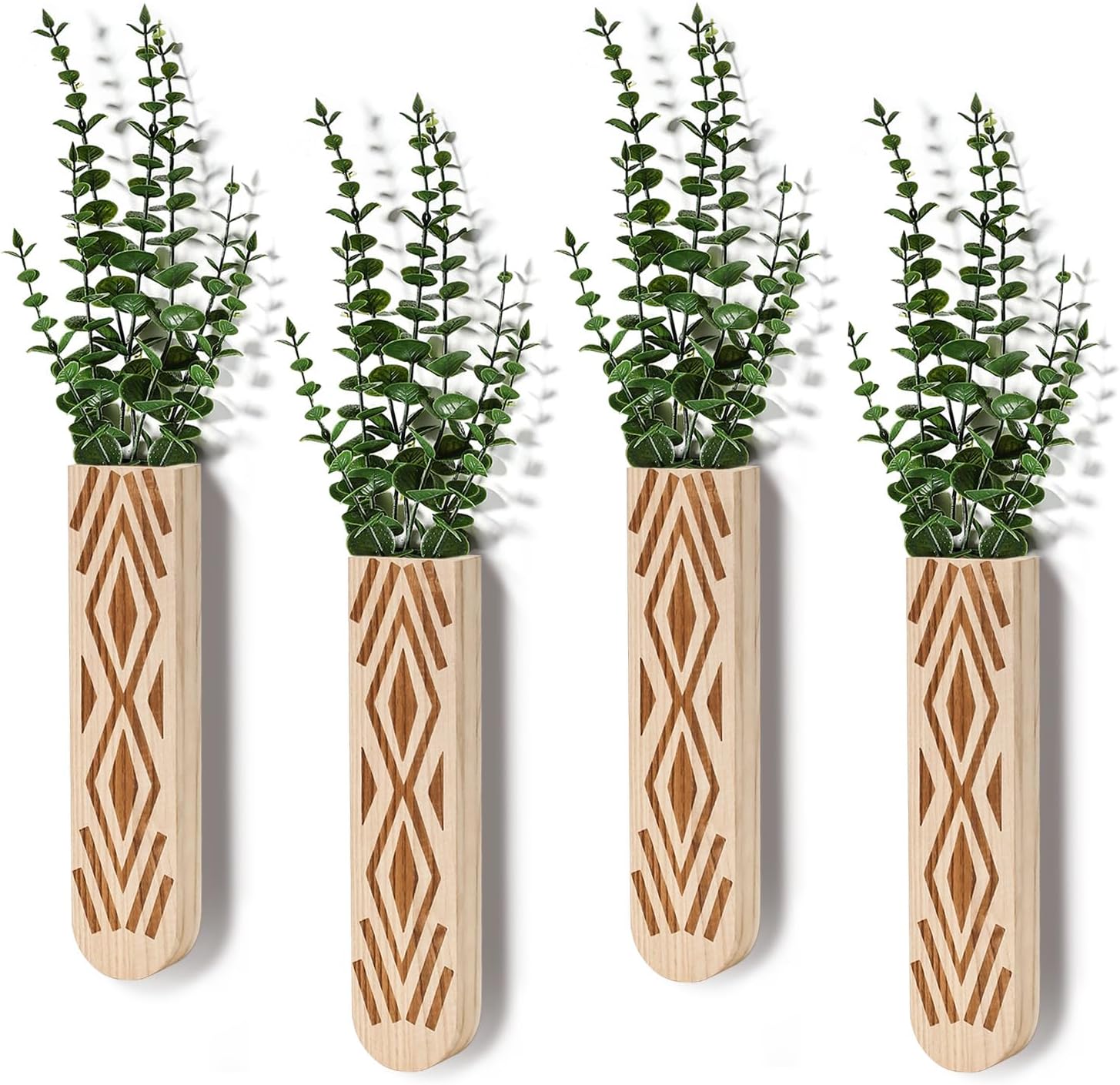 Wooden Wall Planter Set of 4 - Modern Bohemian Home Decor for Living Room, Bedroom, Bathroom - Beige Finish Planter for Dried Flowers, Faux Greenery, Indoor Plants