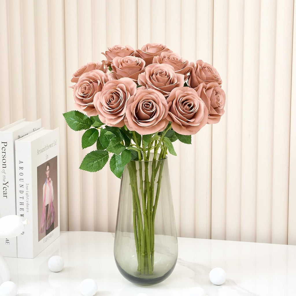 12Pcs Artificial Silk Flowers Fake Roses Flowers with Long Stems for Home Decor Wedding Baby Shower Party Centerpieces Decorations (Dusty Rose)