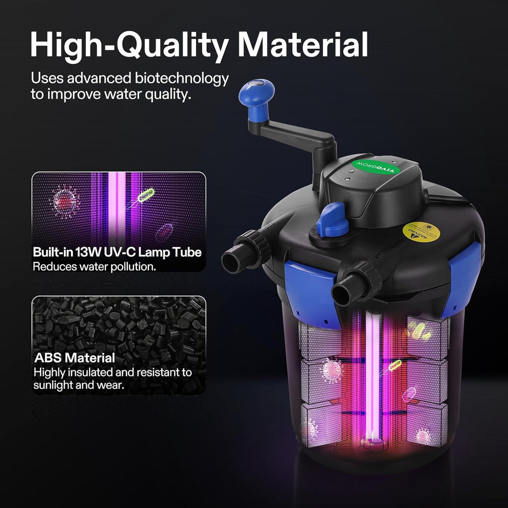 Bio Pressure Pond Filter, with 13W UV-C Light, 1050 GPH Suitable for Koi Ponds up to 500 Gallons or Landscape Pools up to 1050 Gallons