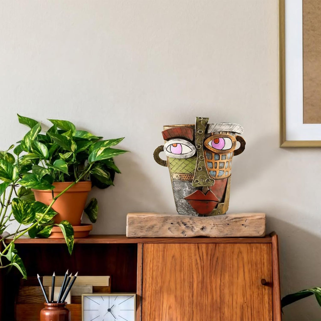 Unique Abstract Face Planters Pots Head,Picasso Brutalist Face Flower Pot Ornaments Head Planter Pots Colorful Art Abstract Resin Flower Pot for Indoor and Outdoor Plants Funny Room Decor(Retro Big)