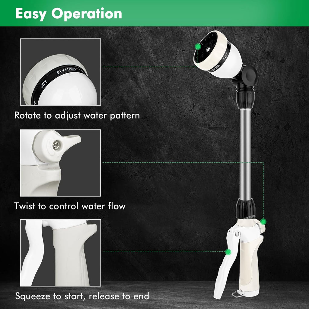 RESTMO Metal Watering Wand, Heavy Duty Garden Hose Wand with 180° Swivel Ratcheting Head, 16'' Hose Nozzle Sprayer with 7 Spray Patterns and Flow Control, for Water Hanging Baskets and Shrubs, White