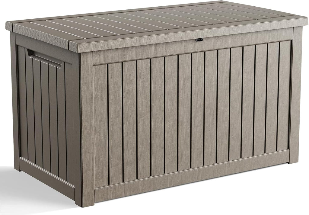 230 Gallon Outdoor Deck Box,Storage Lockable Waterproof Patio Furniture,Garden Tools,Cushions,Pool Accessories Outside Storage Resin Box(Grey)