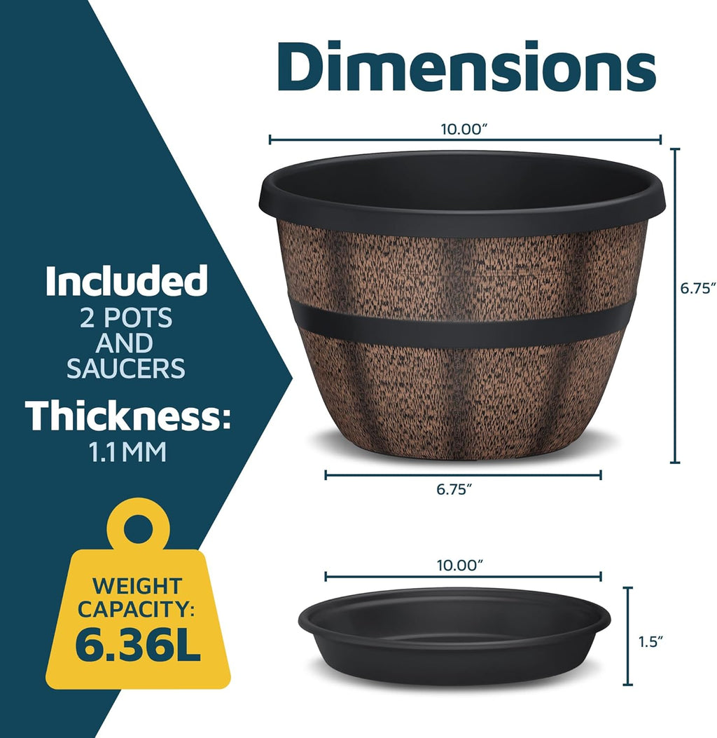 10-Inch Whiskey Barrel Planters Outdoor Pack of 2 - Durable Plastic Plant Pots for Indoor & Outdoor Use with Drainage & Saucer, Lightweight Rustic Barrel Planters for Flowers, Herbs & Small Plants