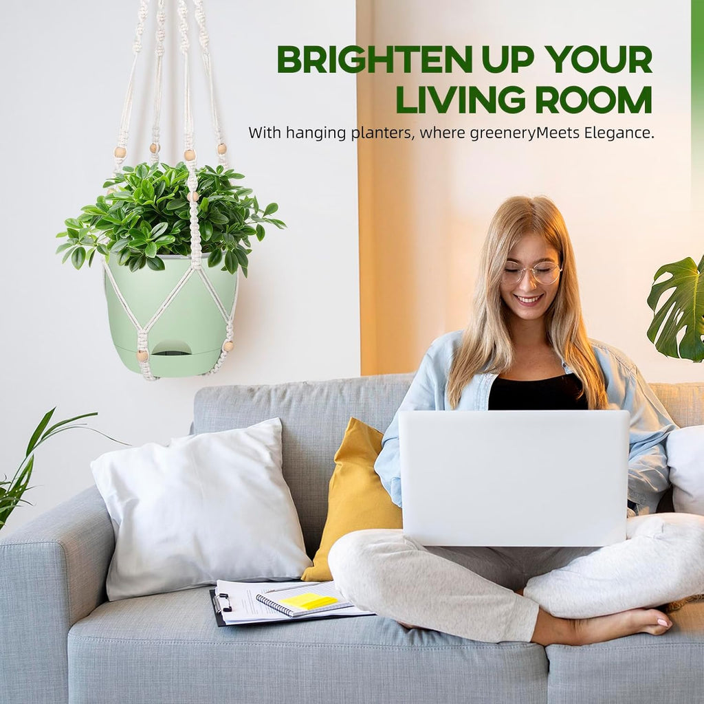 2-Pack 5.7-Inch Self-Watering Hanging Planters for Indoor & Outdoor Plants,34Inch Macrame Hanger Plant Pots Indoor with Drainage,Small Hanging Planters & Baskets,With Two Sets of Hooks（Pure green）