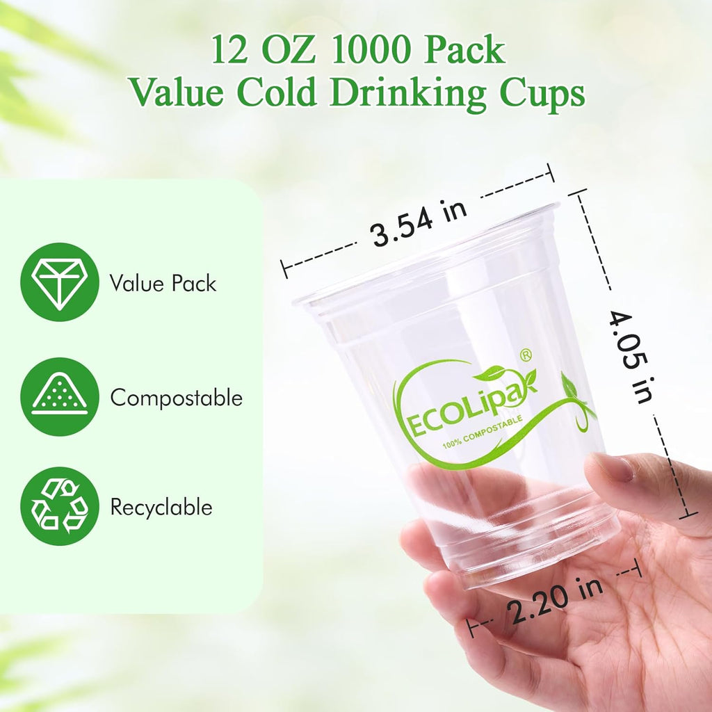 ECOLipak 1000 Count 12 OZ Clear Compostable Plastic Cups, Disposable Plant-Based Biodegradable Drinking Party Cups, PLA Plastic Cold Tumblers for Restaurant, Office, Canteen, Large Gathering
