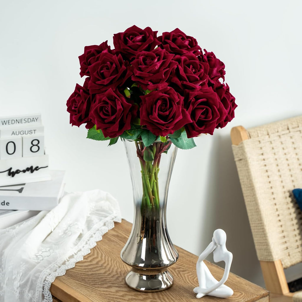 Fake Roses Faux Flowers Silk Roses Artificial Roses with Stems 16.5In Realistic Artificial Flowers Suitable for Indoor Home Decoration Diy Bouquet Wedding Decor Party Decor 12PCS(Black red)
