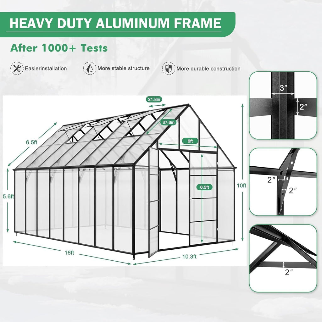 10x16 FT Greenhouse for Outdoor, Large Easy Assembly Heavy Duty Polycarbonate Panels Aluminum Frame Walk-in Green House with 3 Windows Wider Door for Garden Plants