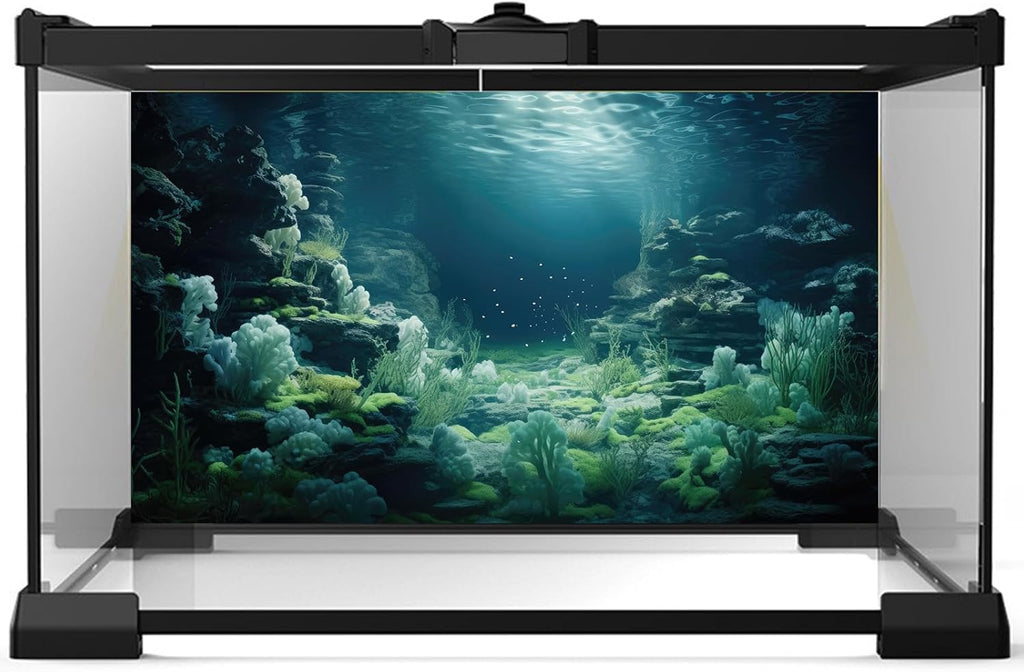 Aquarium Background Underwater Bioluminescent Life Coral Terrarium Backdrop White Coral Lush Moss Fish Tank Background Rock Sunlight Rays Tank Aquarium Wallpaper Poster Vinyl 30x18in