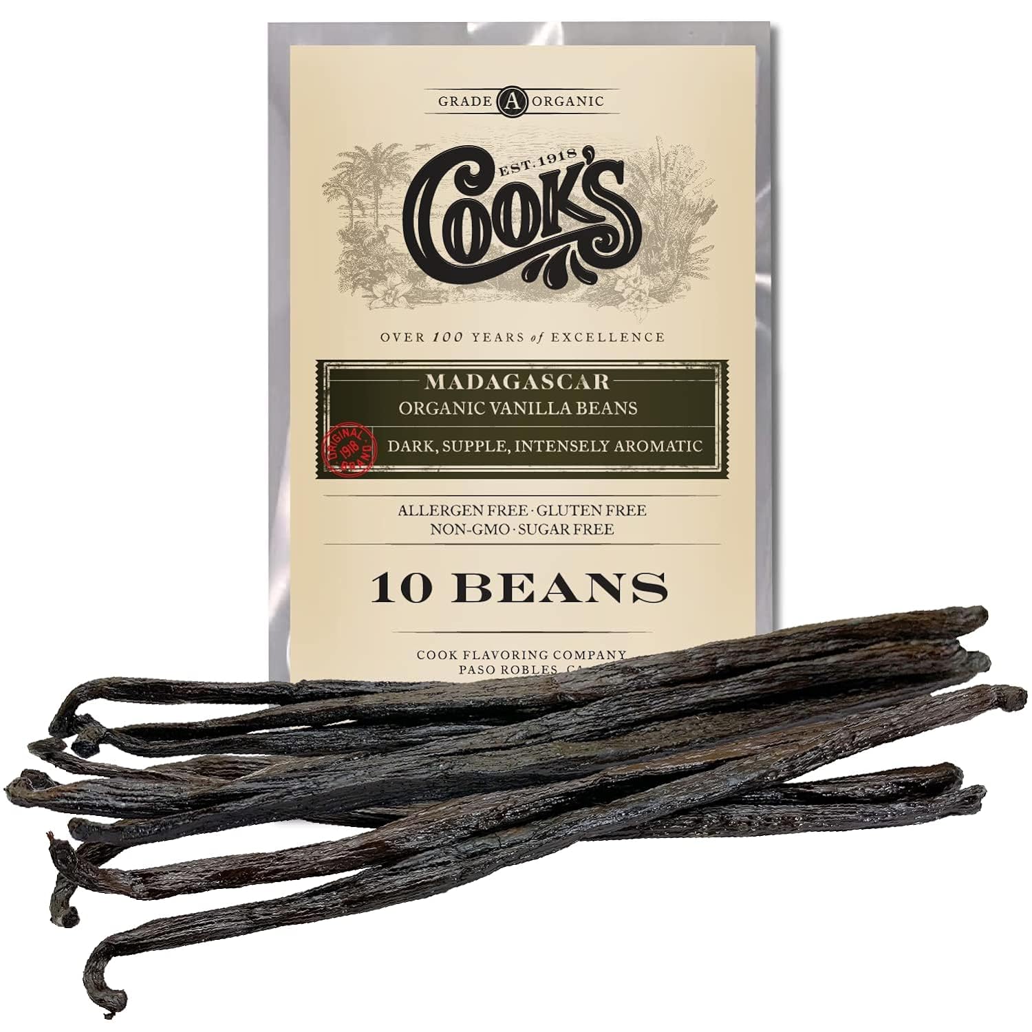 10 Organic Madagascar Whole Vanilla Beans, Grade A Pods, Premium Vanilla Beans for Making Extract & Baking - Cook’s