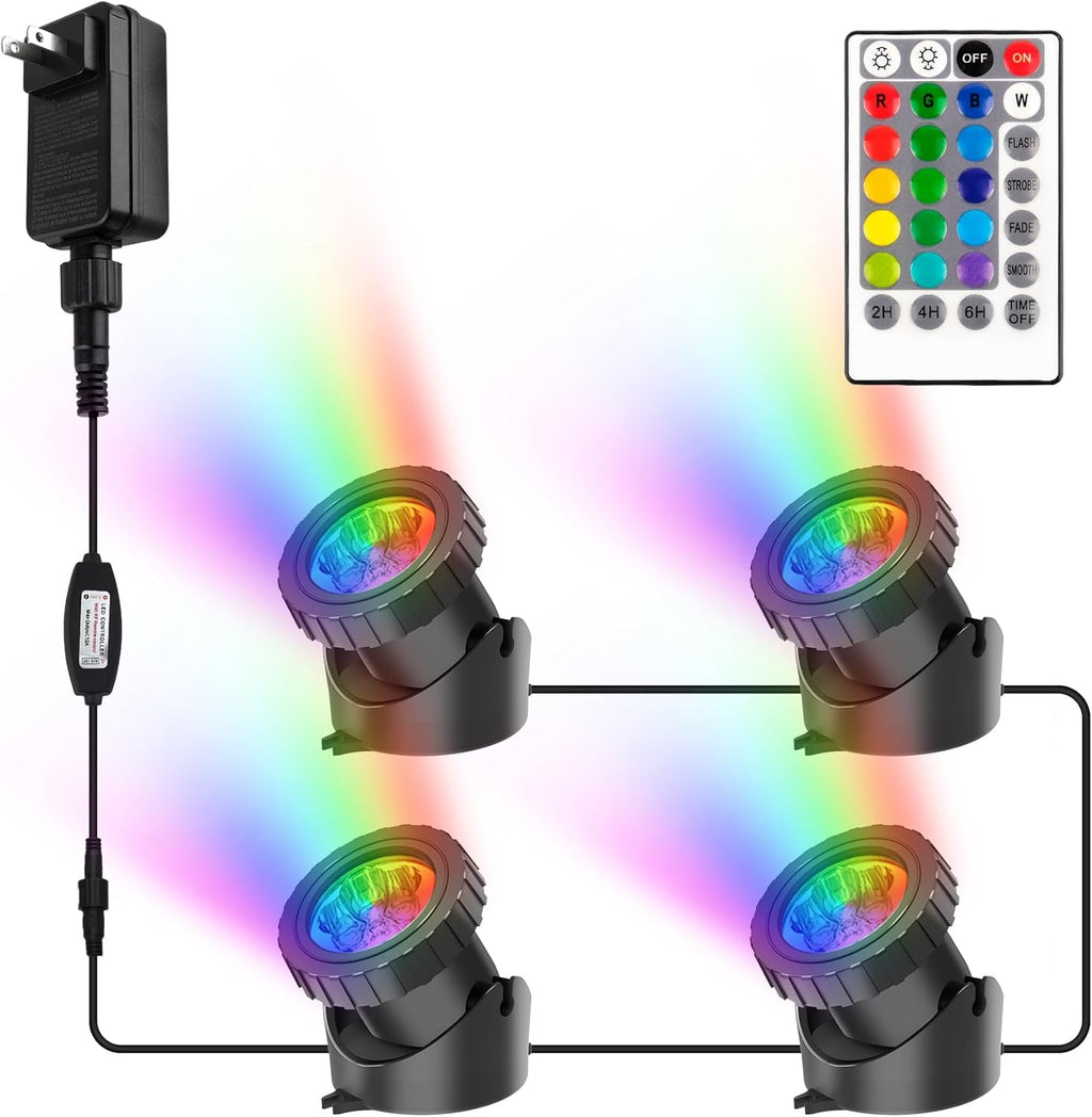 RGB Pond Lights with Timer, LED Underwater Submersible Colorful Landscape Spotlights, 98ft Remote Control IP68 Waterproof Fountain Lights for Fish Aquarium Tank Garden Yard Pool (Set of 4)